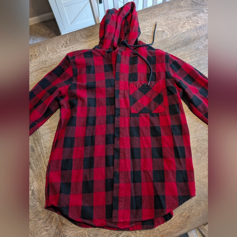 Thicker Button Up Red and Black Checkered Hoodie